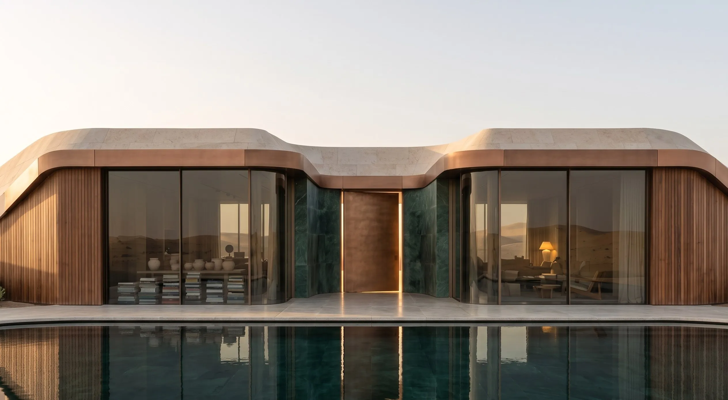 A sculptural desert villa with copper and green-marble detailing mirrored in a still reflecting pool at dusk.