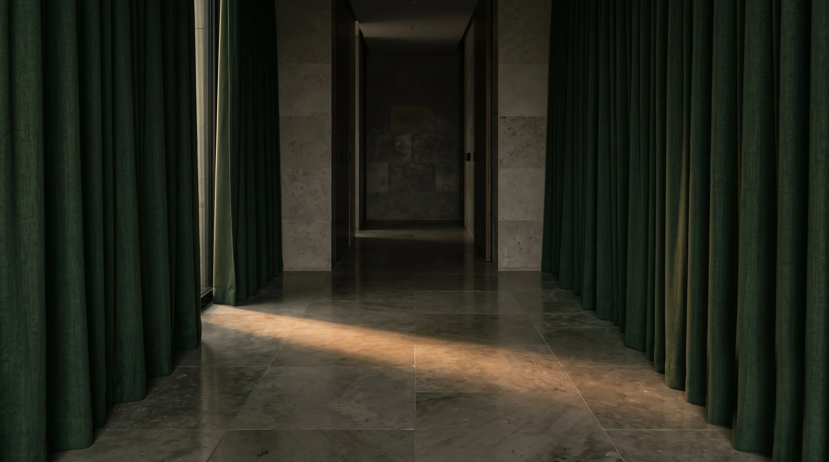 A dim stone corridor framed by deep-green velvet curtains.