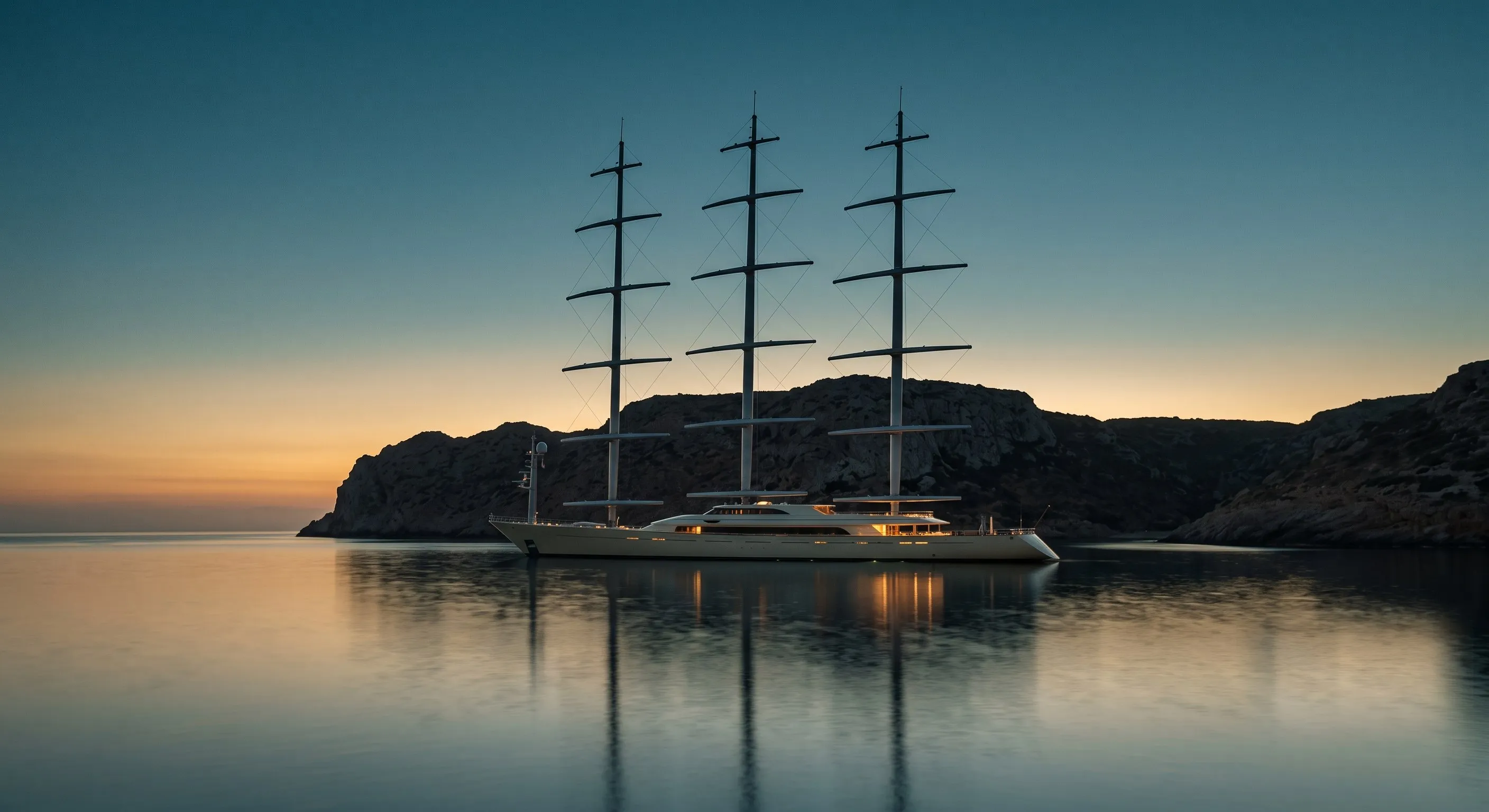 A three-masted sailing yacht at anchor in a calm bay at dusk.