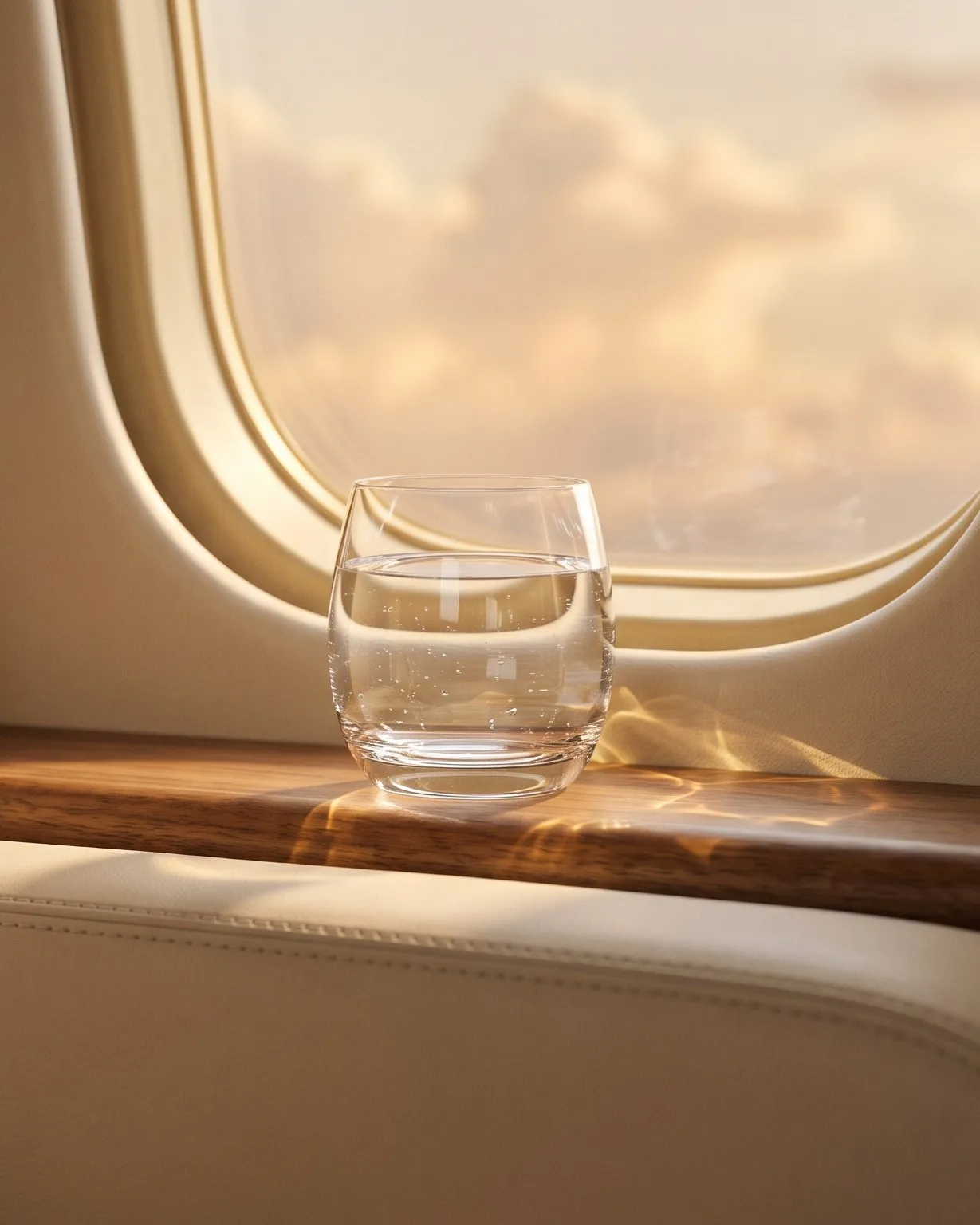 A glass of water on a polished wood ledge beside a private jet window, clouds lit gold outside.