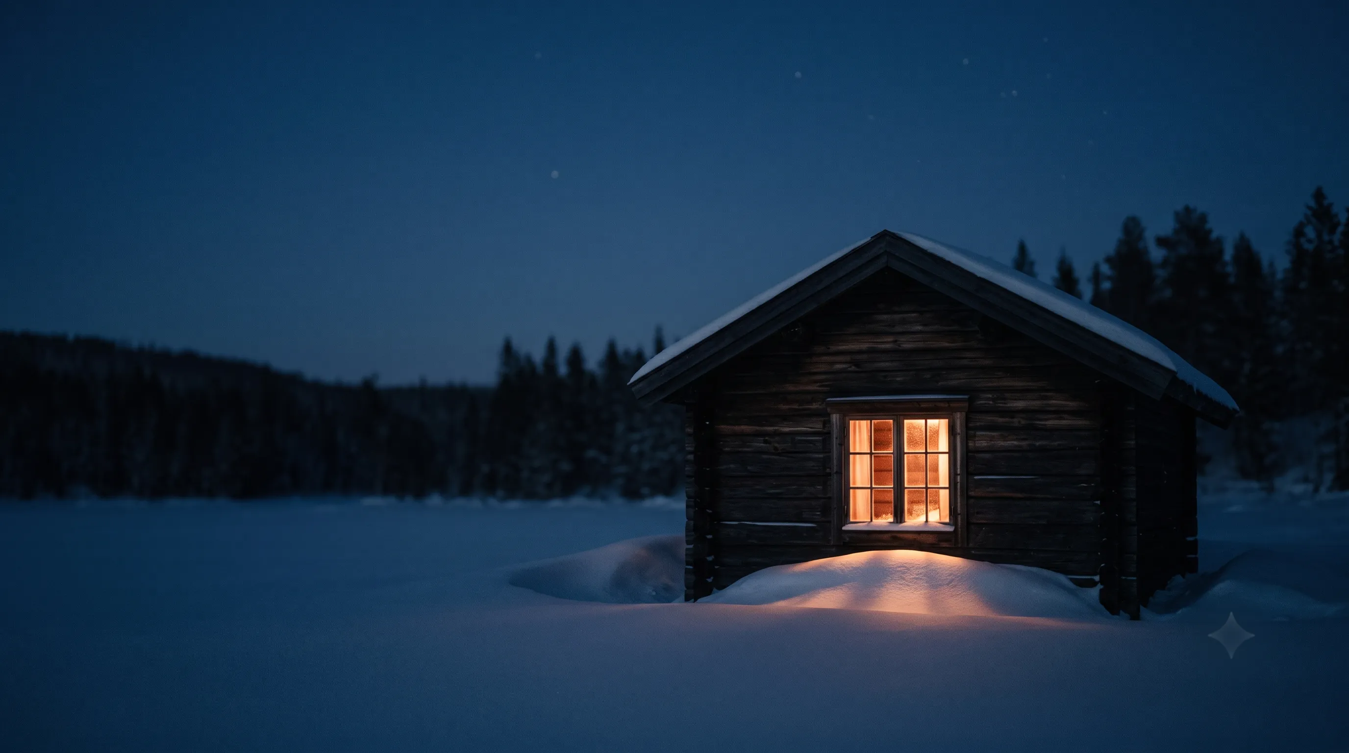 A single warm-lit window in a dark timber cabin at deep blue dusk, snow banked below the sill.