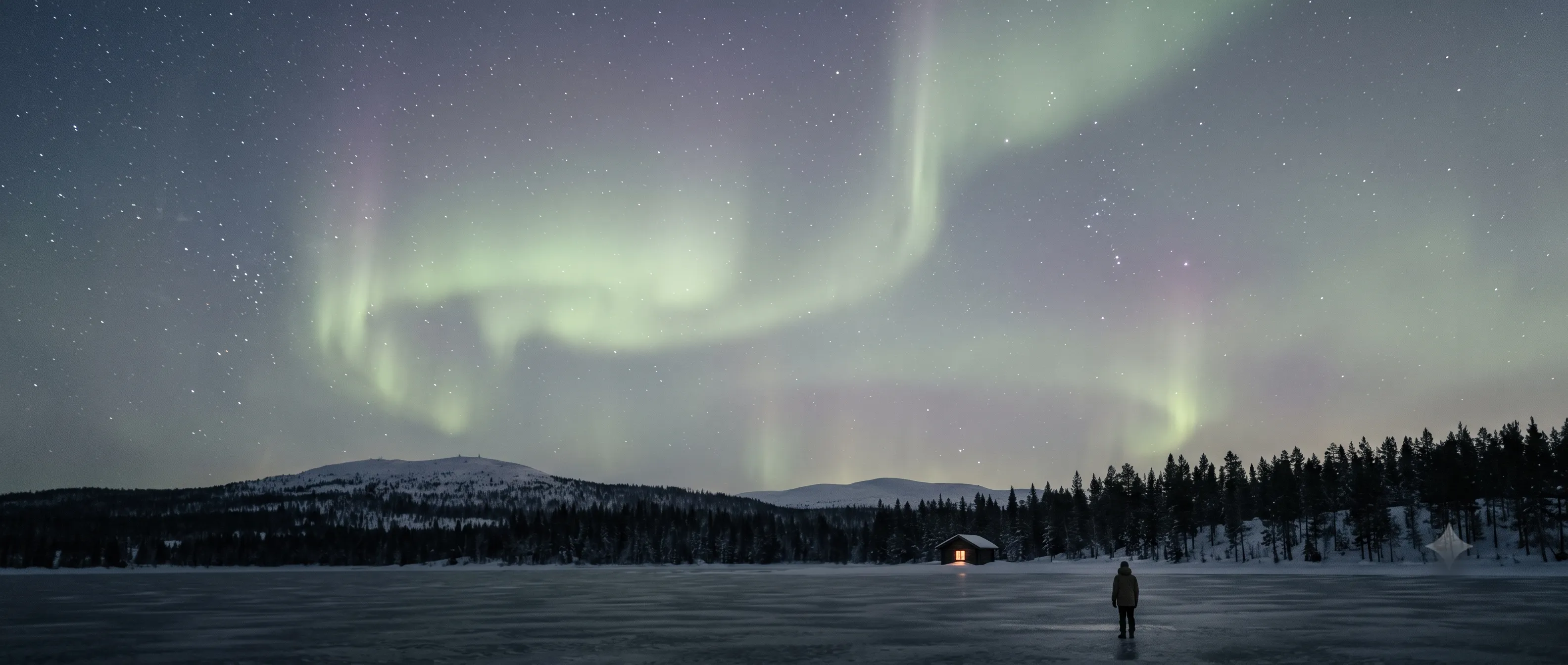 A restrained aurora drifts over dark fells and a frozen lake, a lone figure small at the shore for scale.