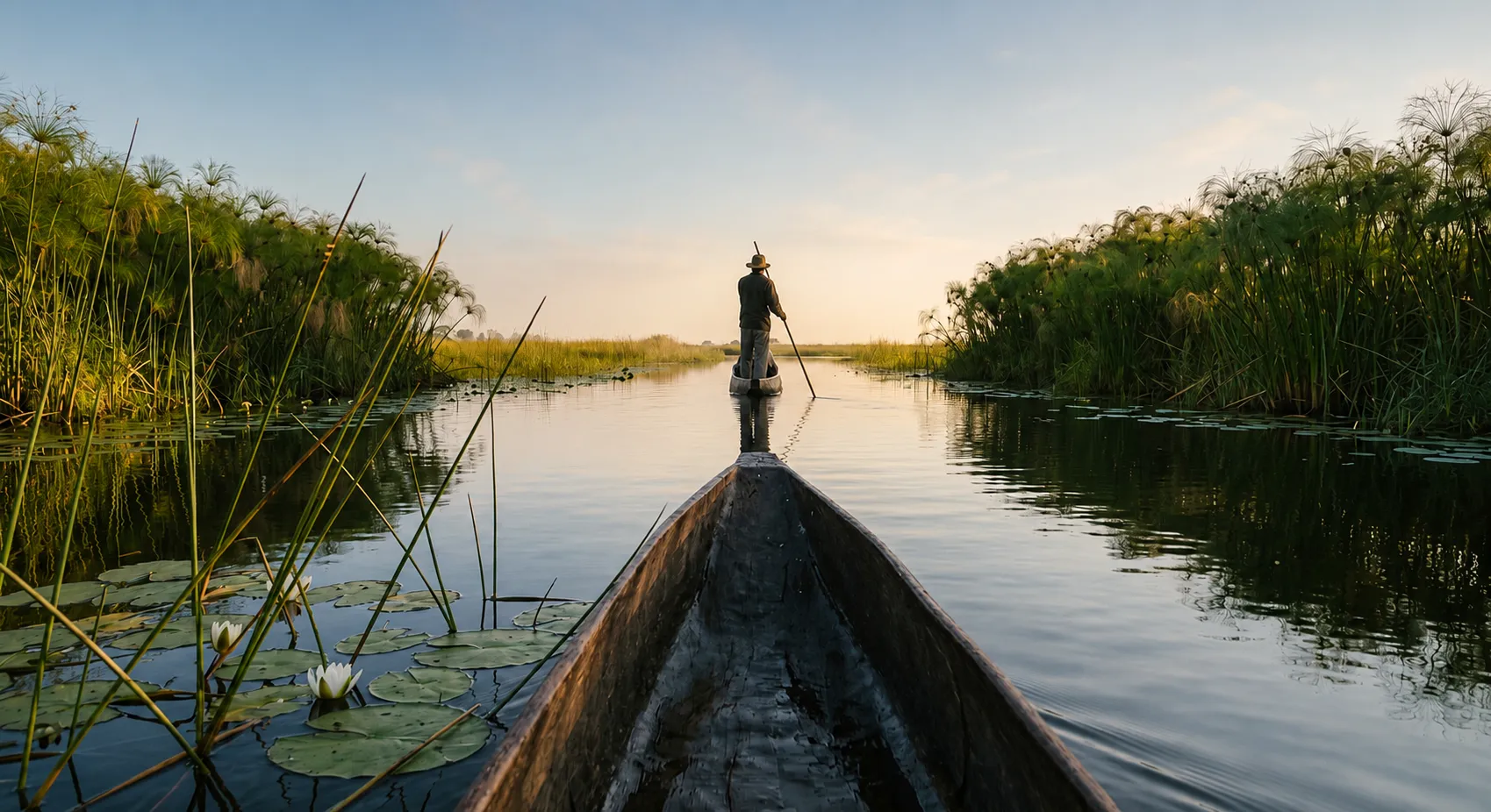 A poler guiding a mokoro along a glass-calm delta channel at dawn, papyrus and lilies to either side.
