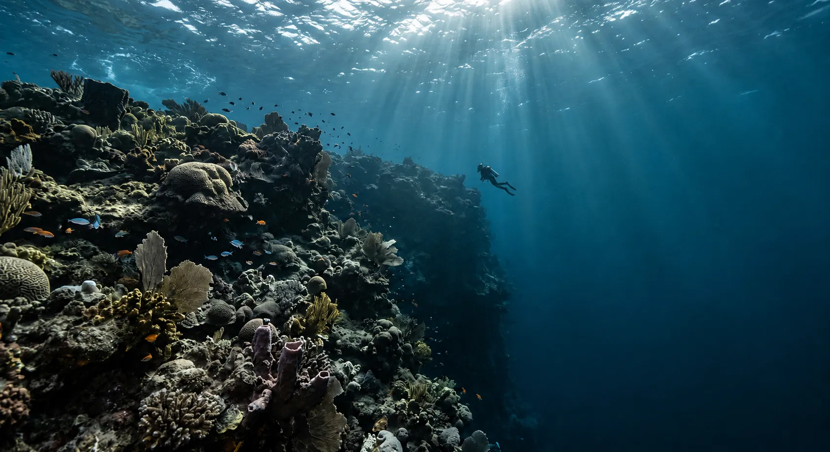 A reef wall falling into deep blue with a distant diver and shafts of light.