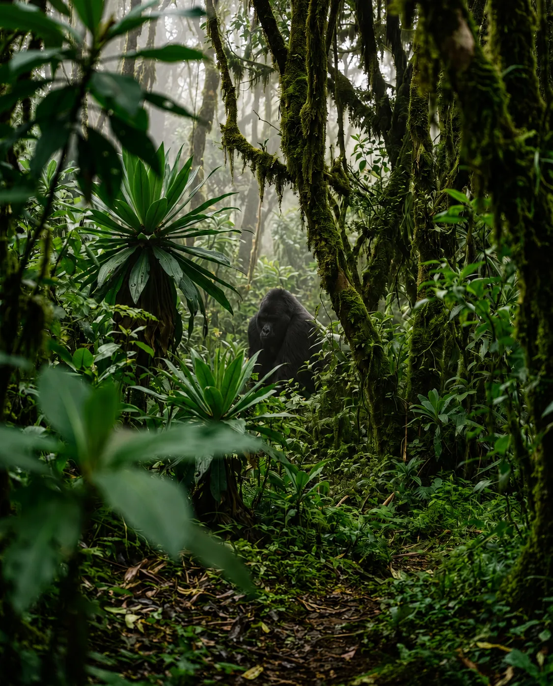 Mist through high forest on a gorilla trek, a dark shape among the foliage at a distance.