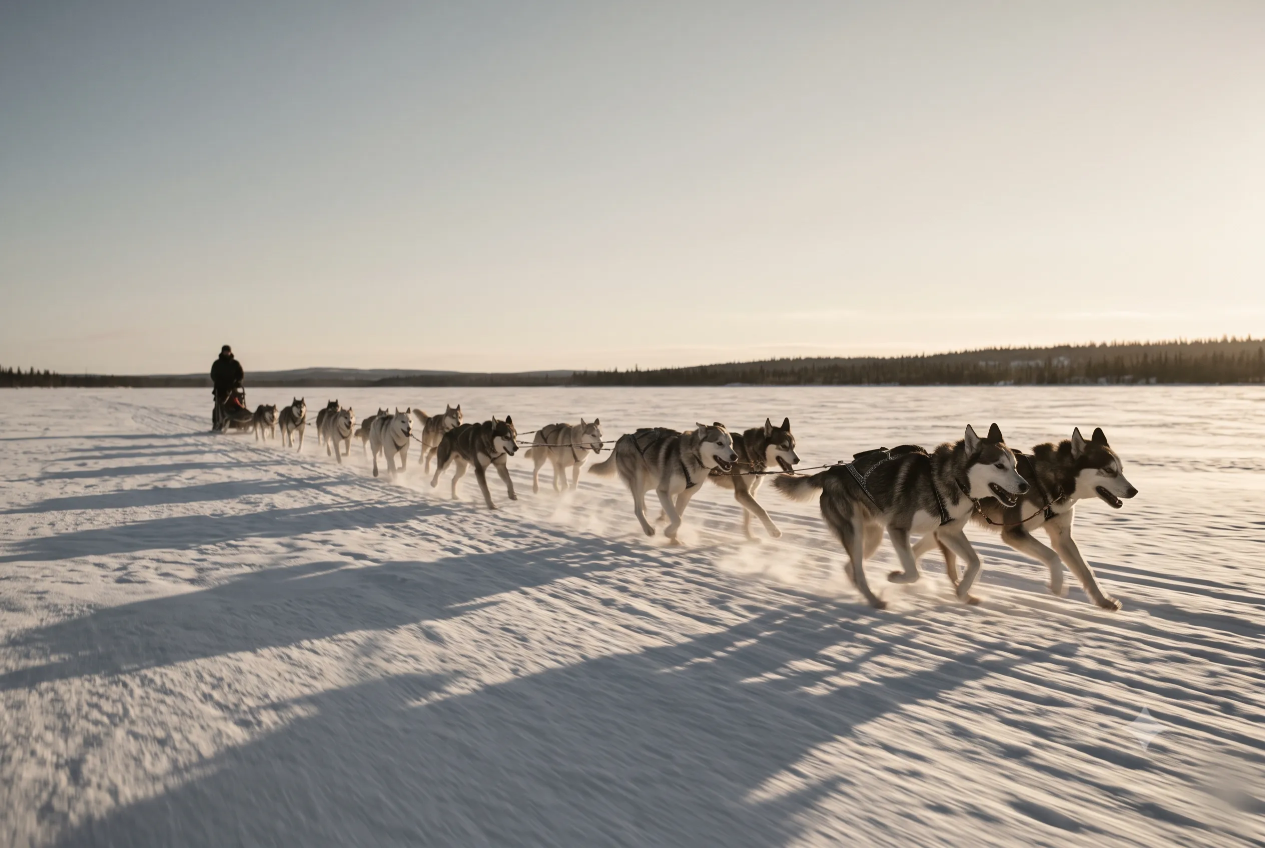 A husky team runs into open snow country toward a distant tree line, the musher small in the frame.