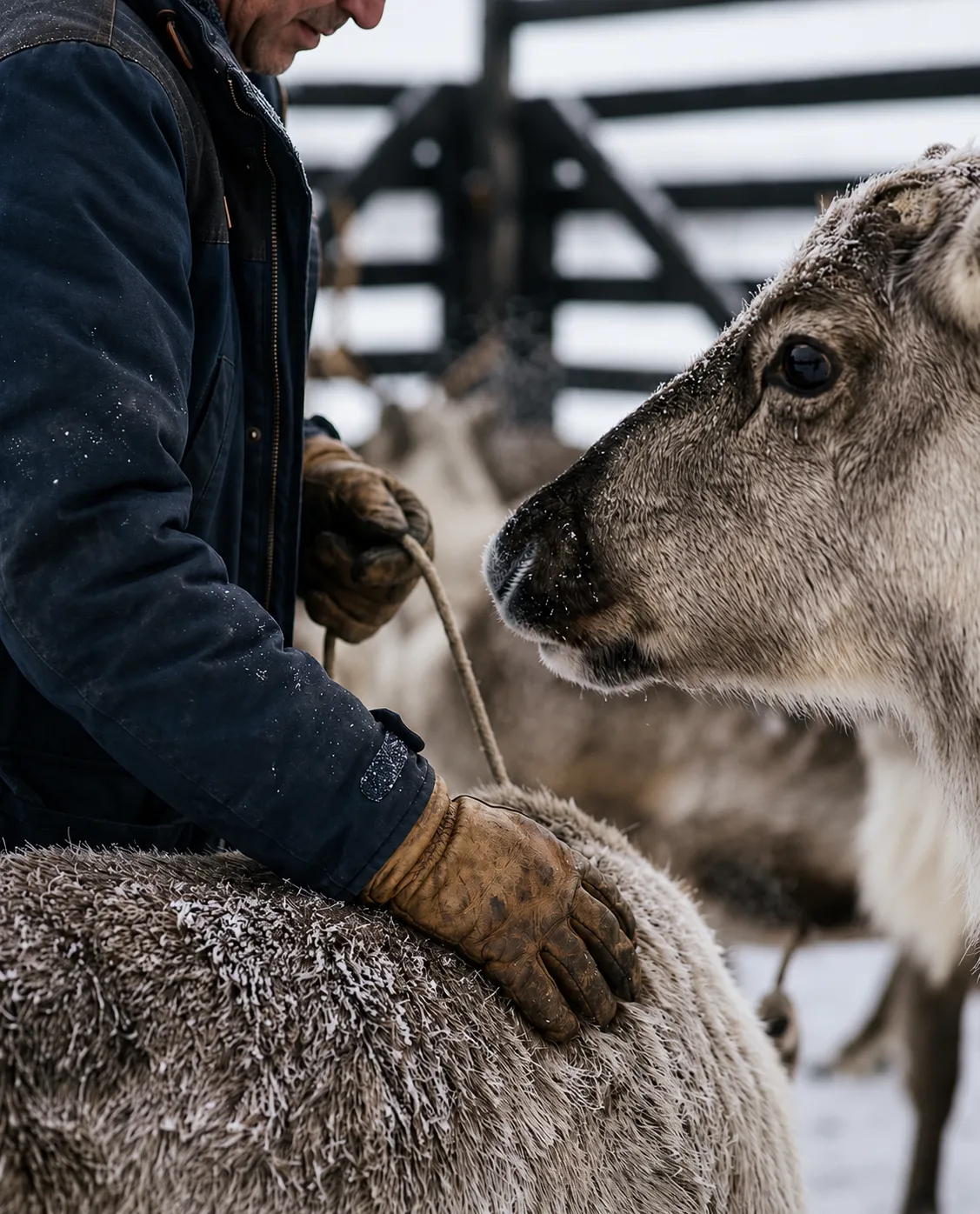 A reindeer herder at work in soft winter light, a hand resting on a frosted flank, reindeer close by.