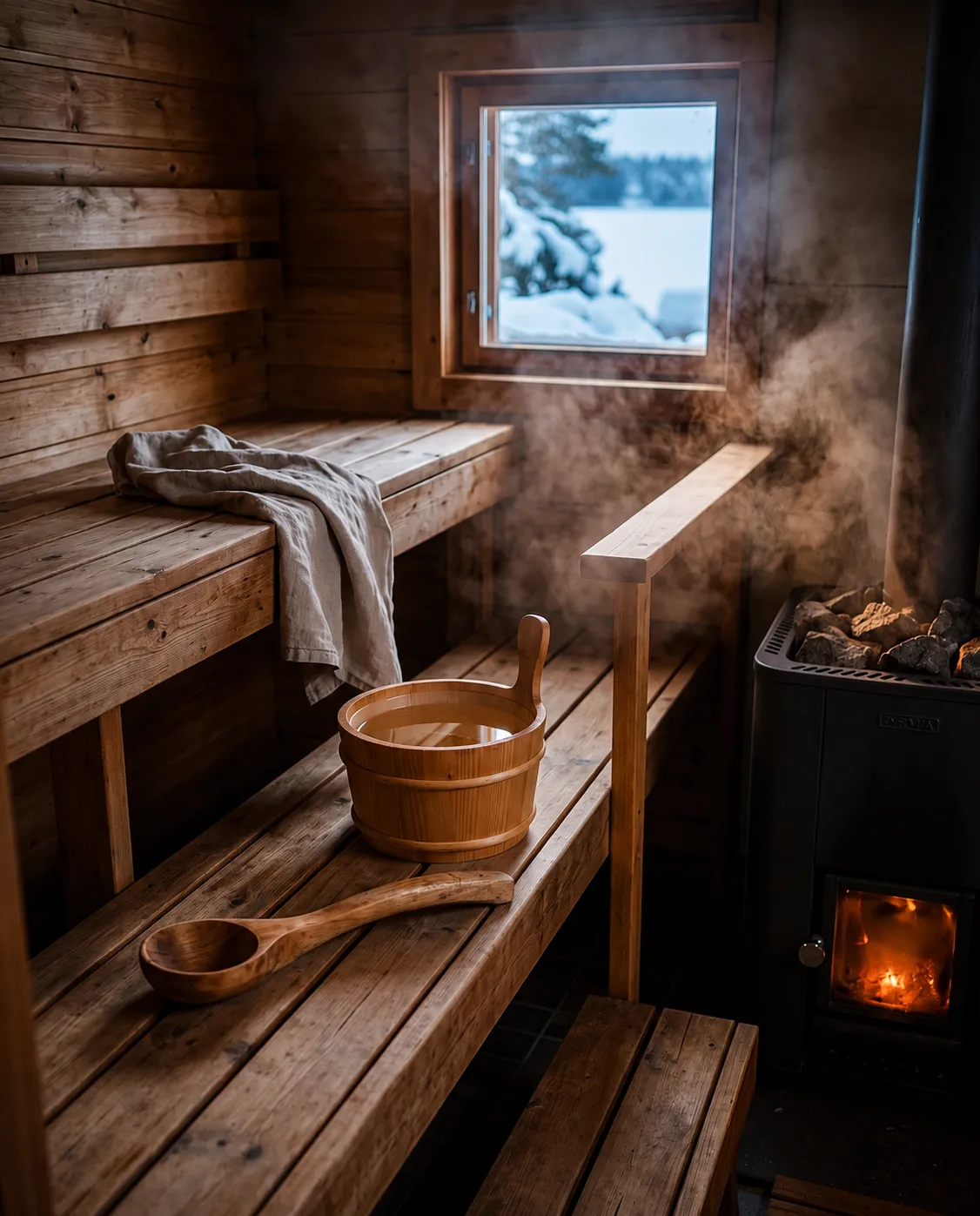 The warm timber interior of a wood-fired lakeside sauna, steam catching the light, a small window onto blue snow.