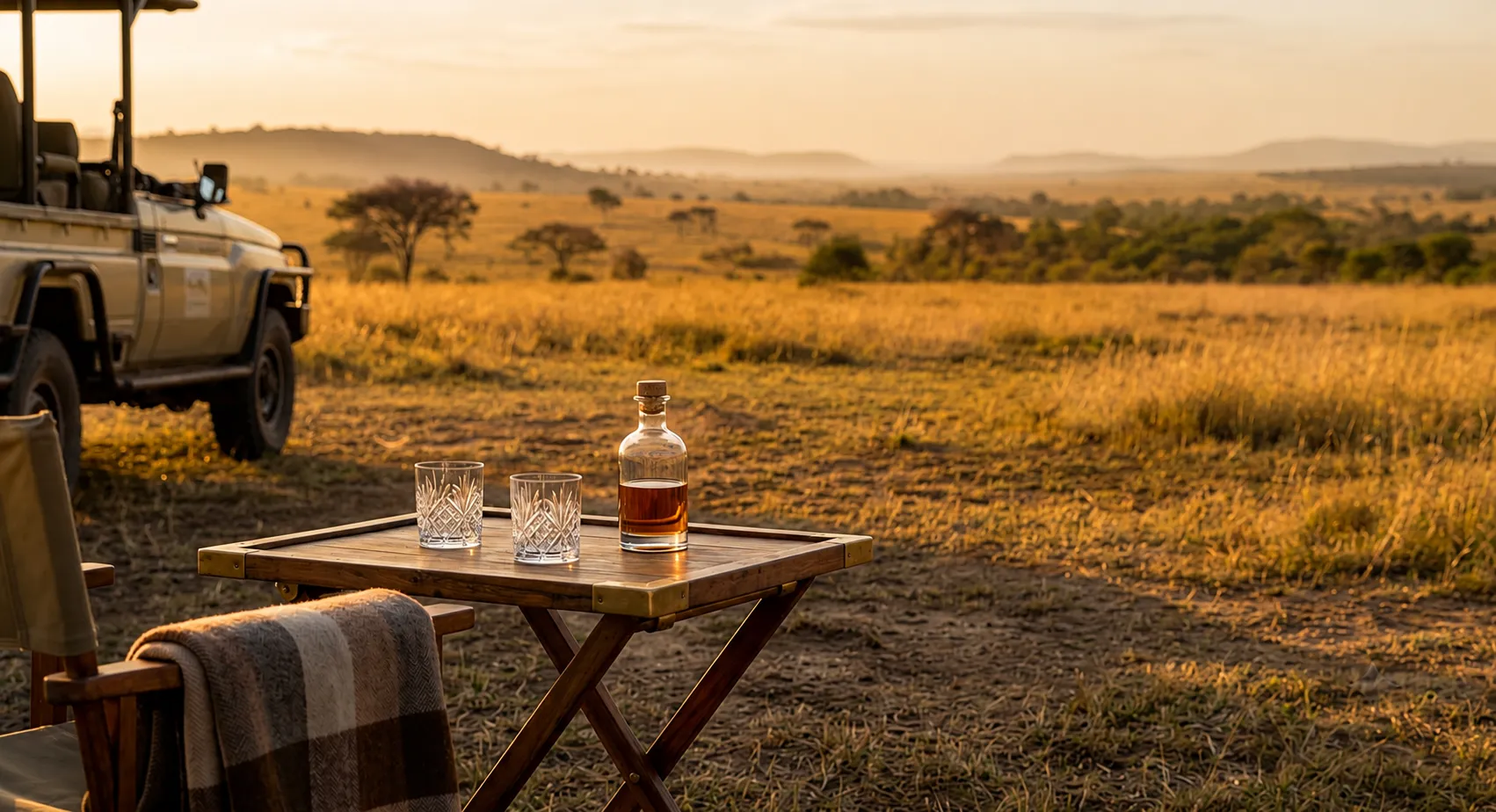 Two cut-glass tumblers and a decanter on a folding table at sundown, the open bush wide beyond.