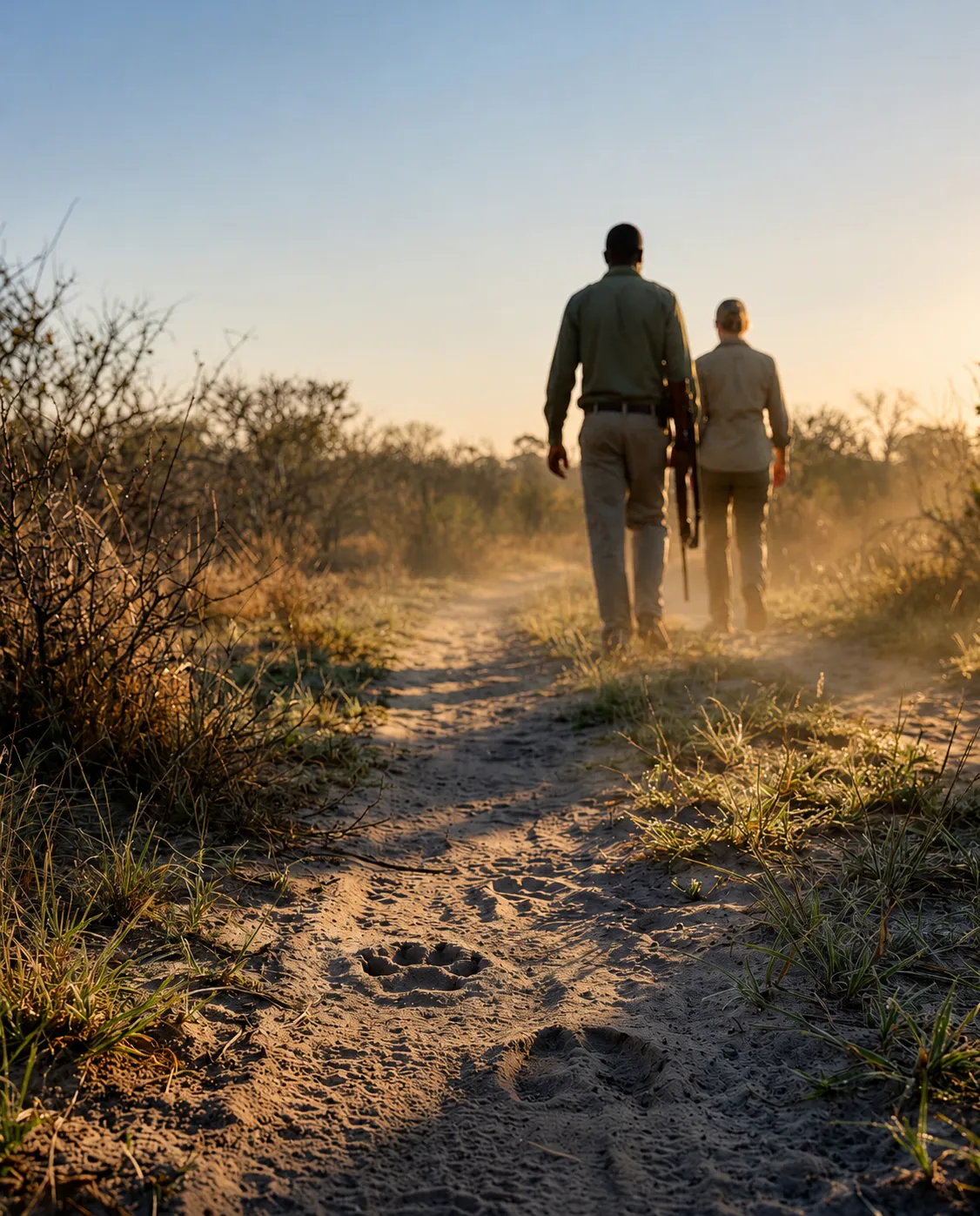 A guide and a traveller walking a sand path at dawn, a leopard track pressed into the sand ahead.
