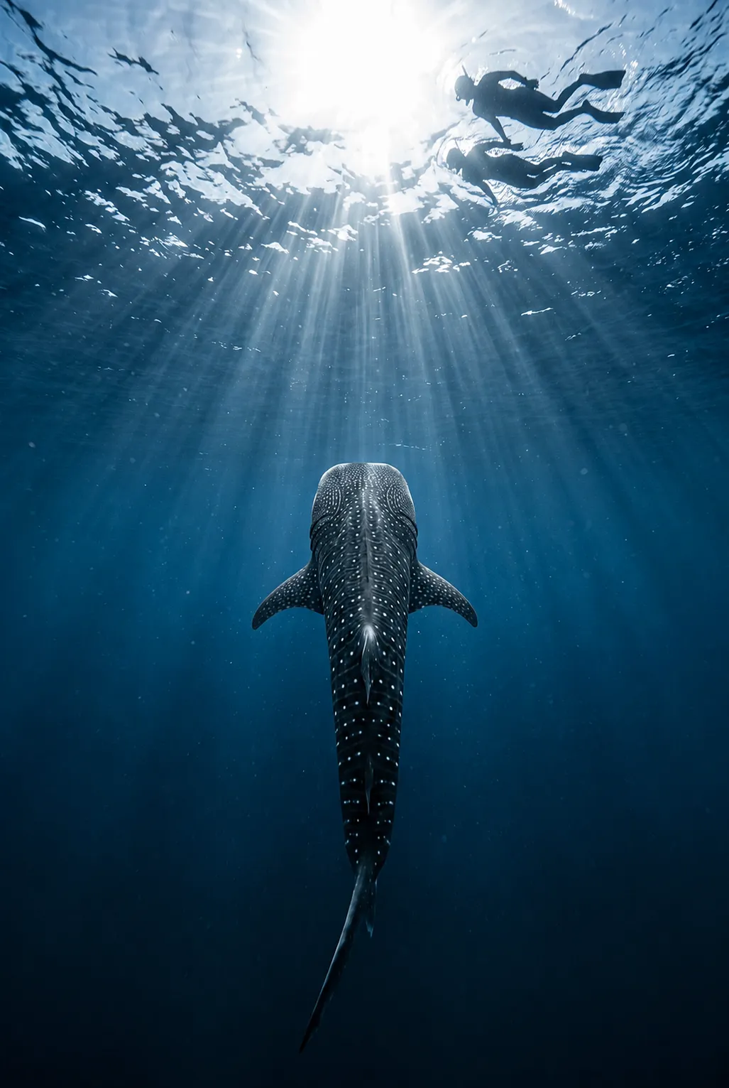 A whale shark rising through open blue water below two snorkellers, sunlight breaking the surface above.