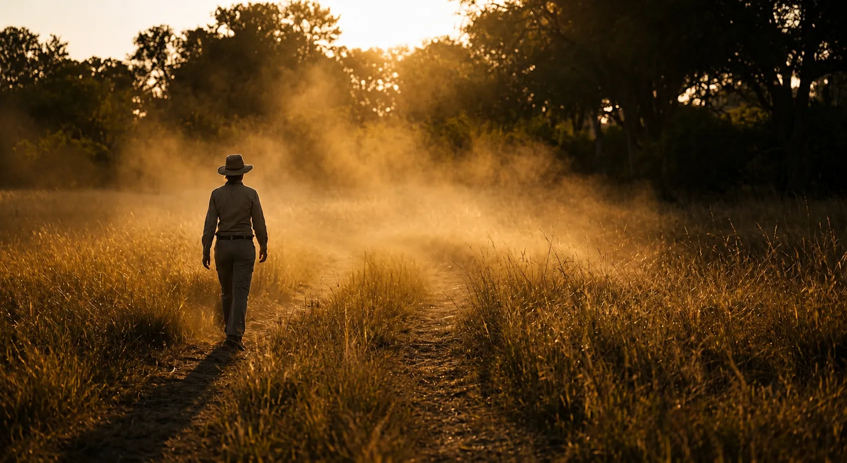 A distant figure walking through golden dust at last light at the end of a drive.
