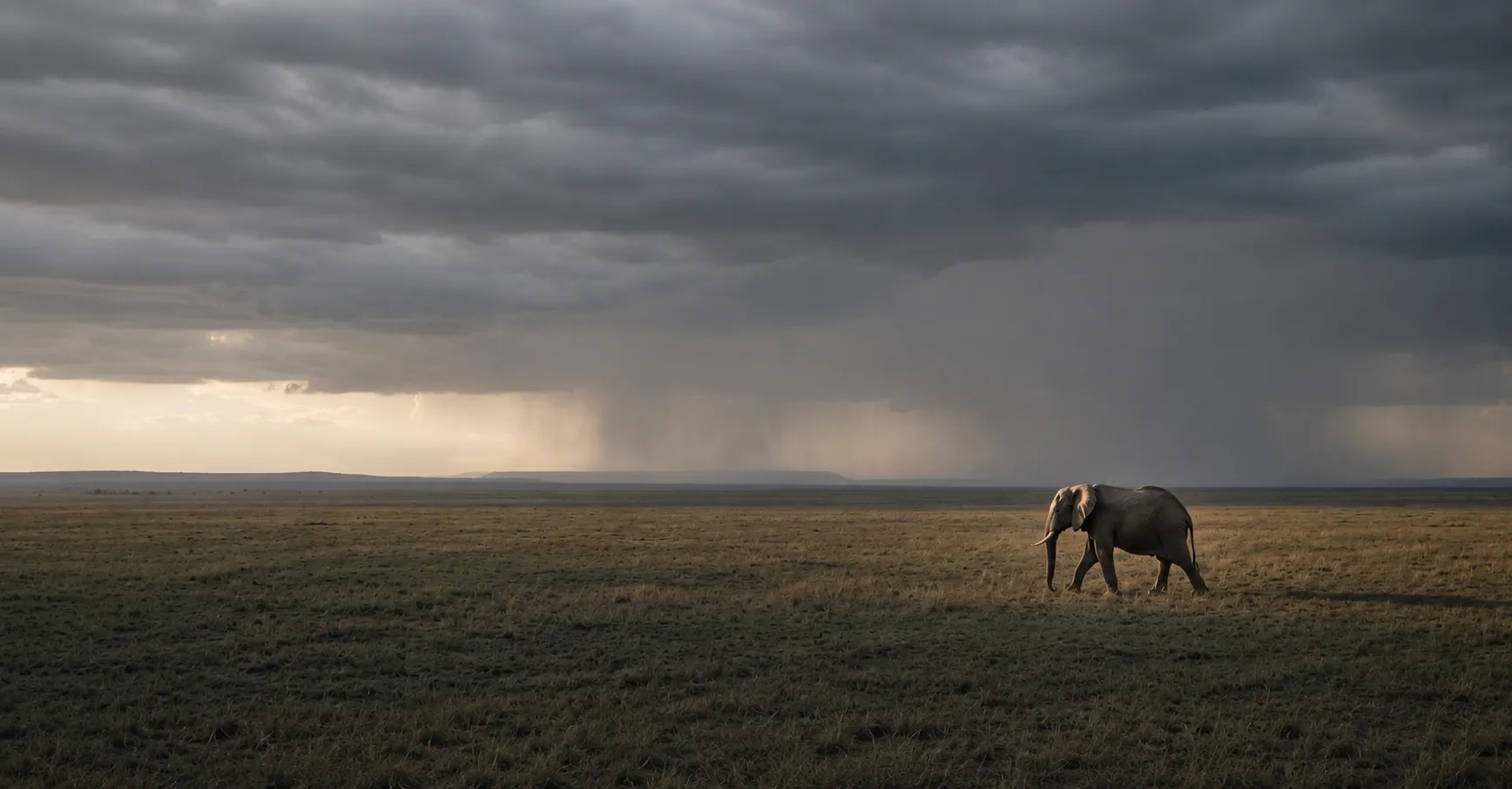 A lone elephant crossing a vast plain under storm light at dusk.