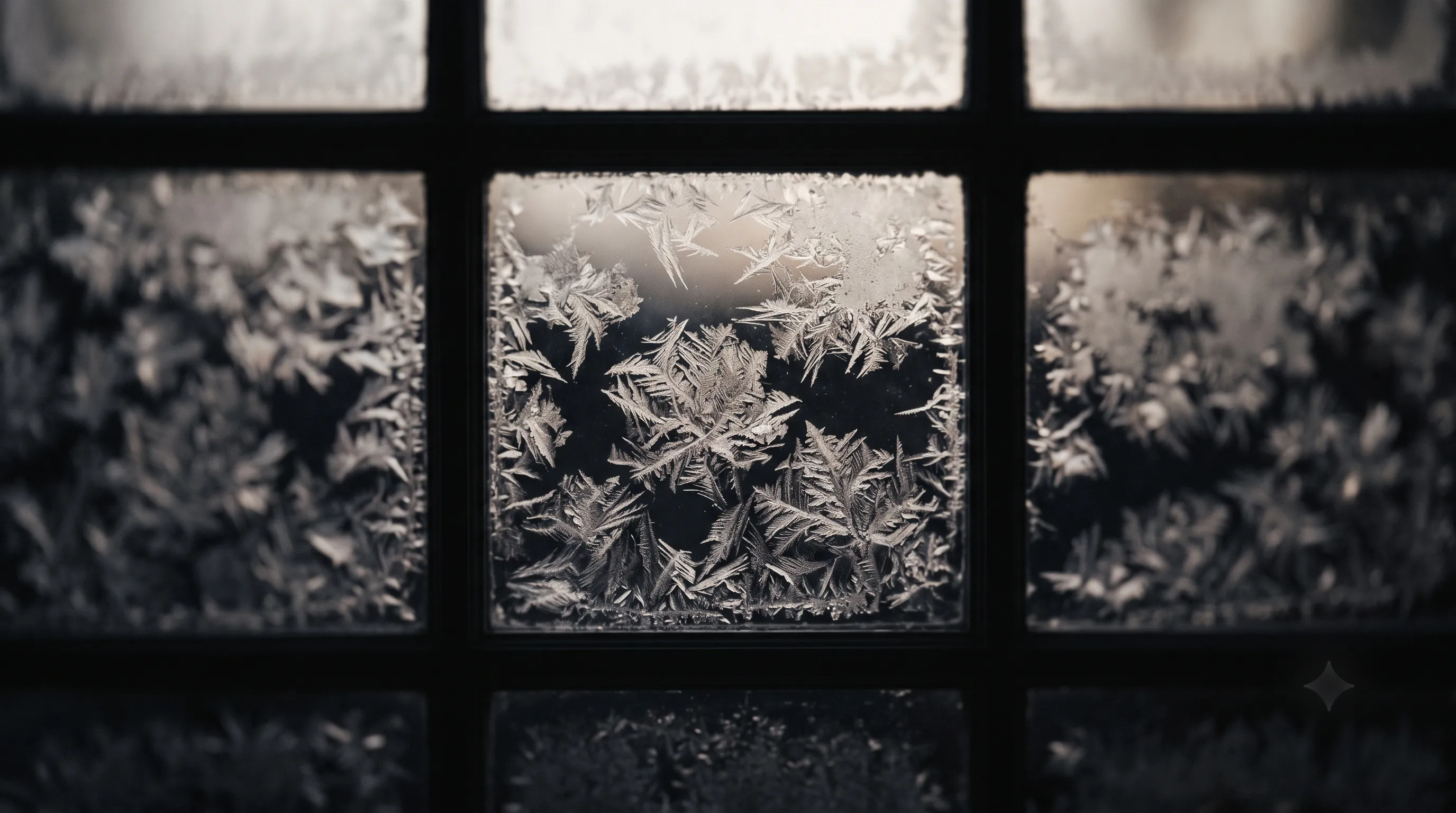 Frost feathering across a dark windowpane at dawn in Lapland.
