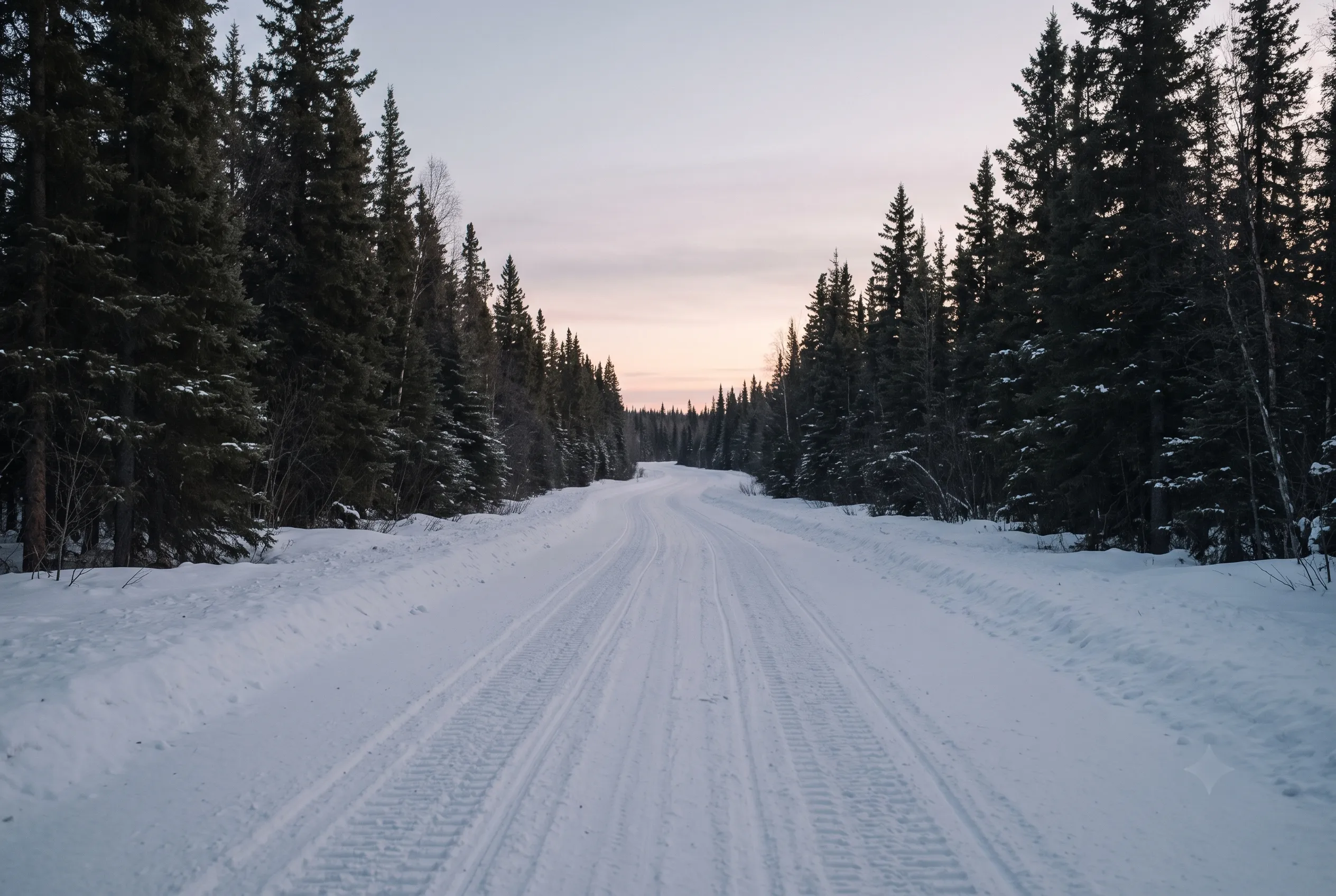 An empty snow road curving away between dark spruce toward a pale dusk light in Lapland.