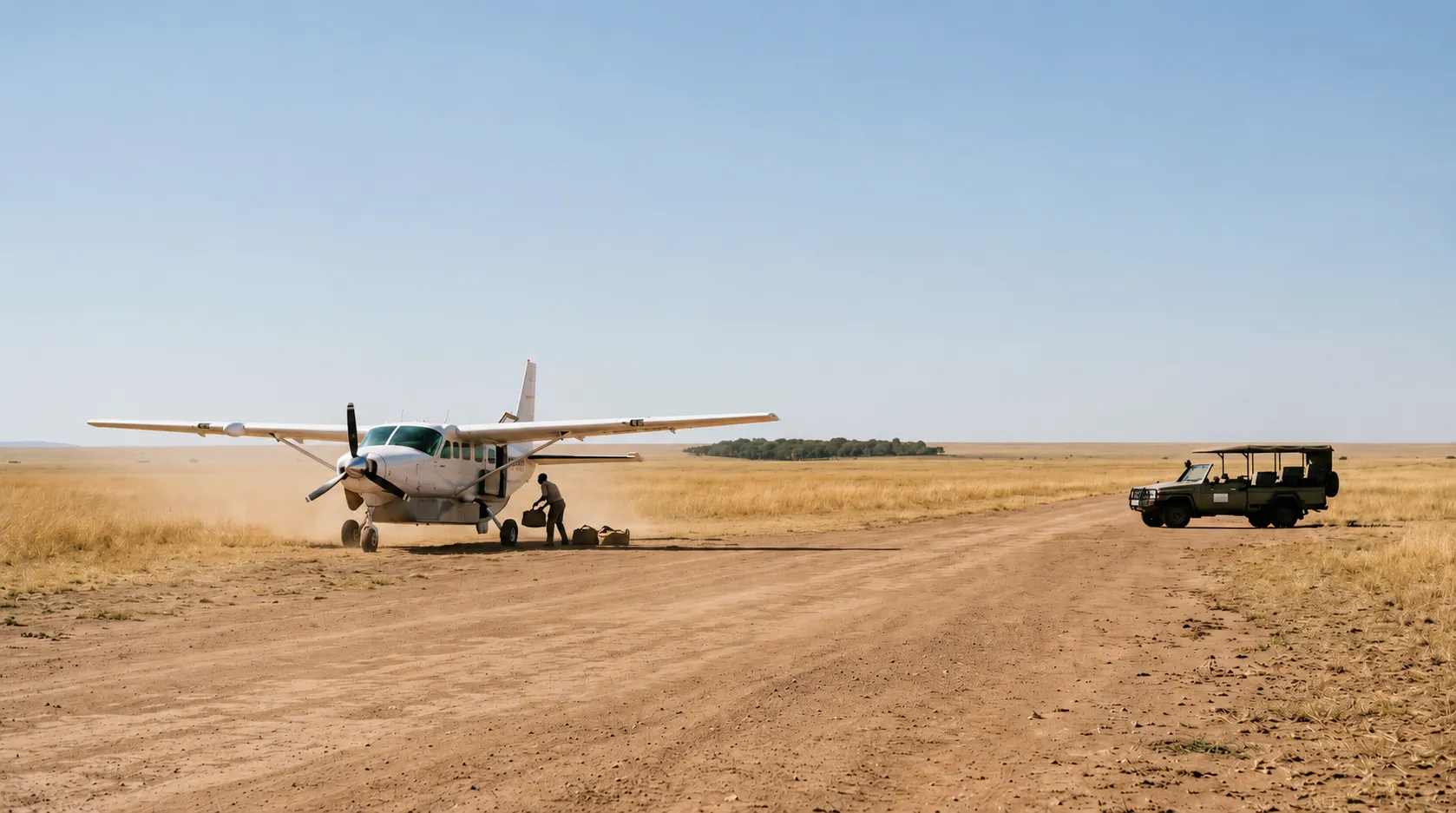 A light aircraft on a bush airstrip beside a waiting open safari vehicle on the plains.