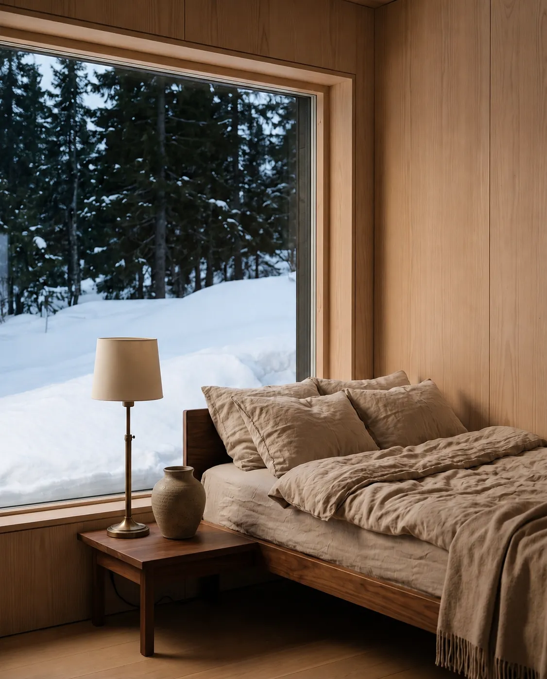 A design-led Nordic lodge bedroom in warm light, linen bedding beside a wide window framing snow and dark trees.