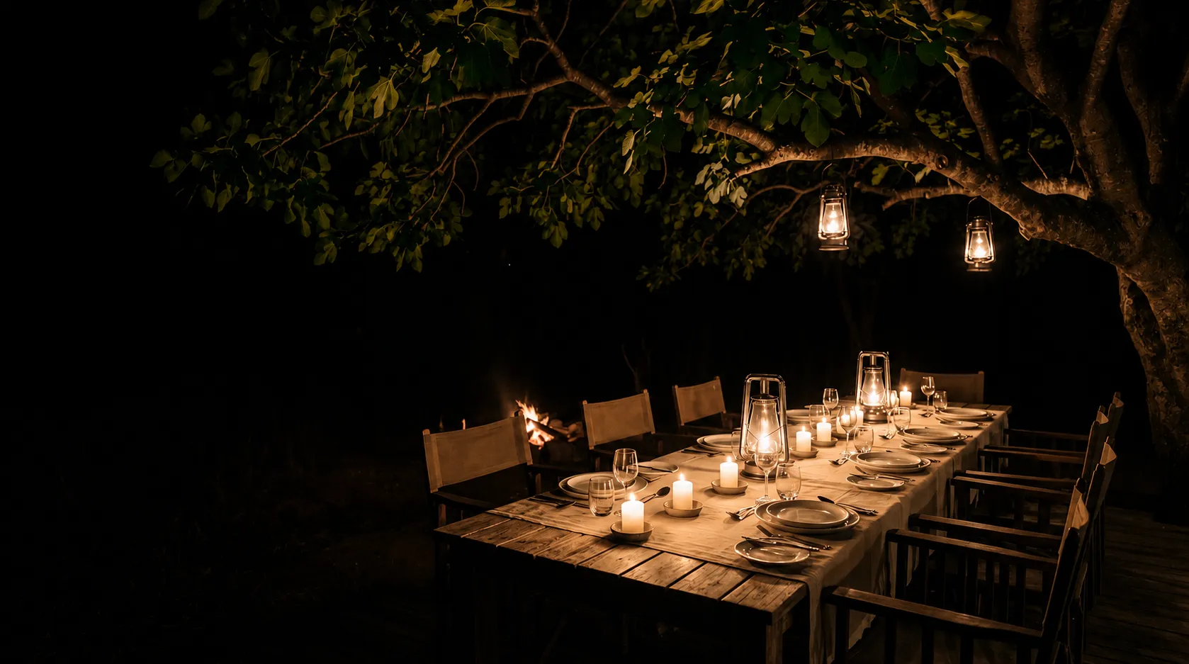 A candlelit table set under a fig tree at night, lanterns hung in the branches and a fire beyond.