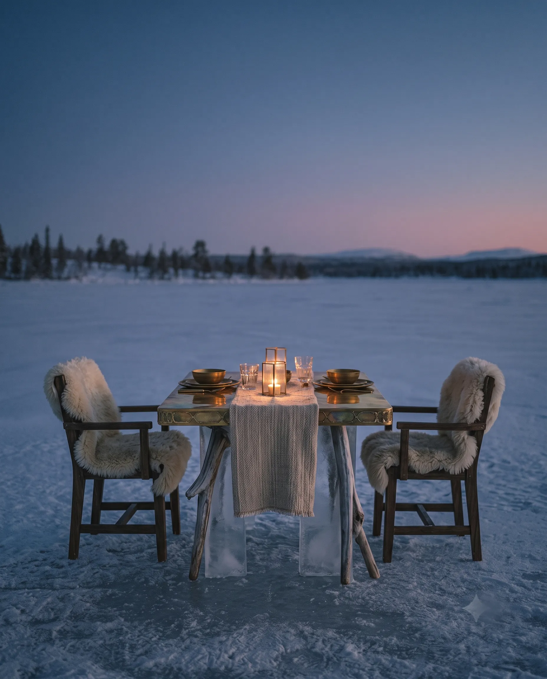 A candlelit table dressed on the open ice of a frozen lake at blue hour, brass and glass catching the warm light.