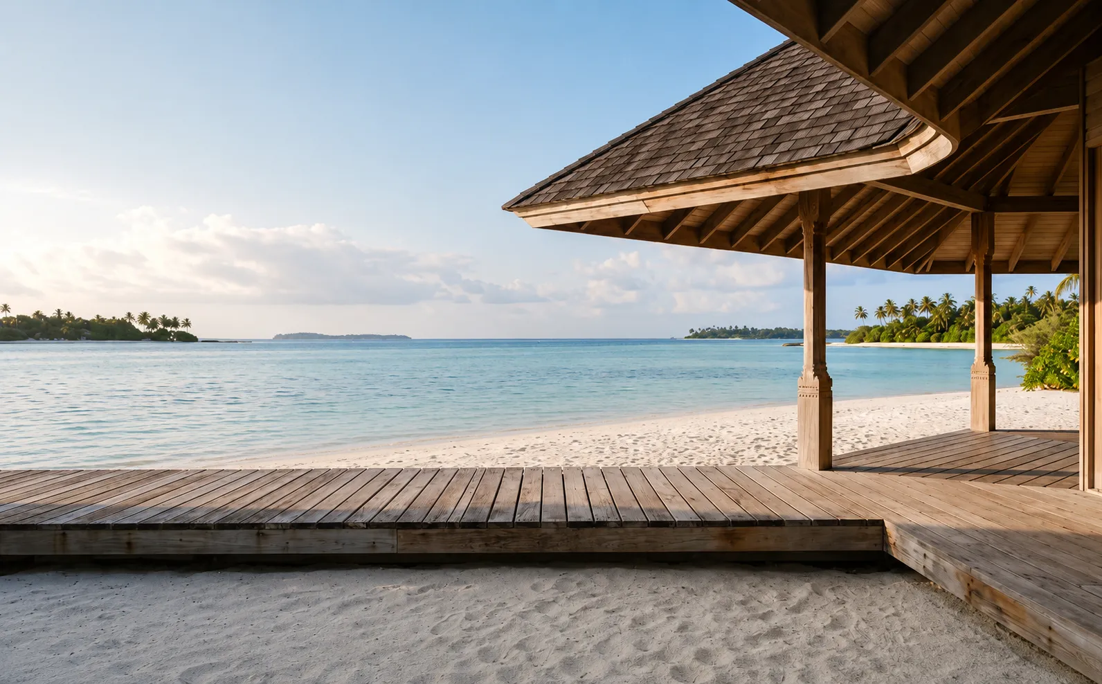 A beach villa threshold at first light, weathered deck boards meeting white sand, the lagoon beyond.